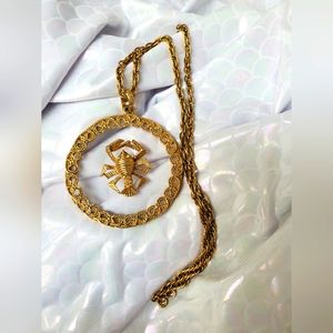 Vintage Cancer Zodiac Goldtone and Lucite Pendant Focal Necklace